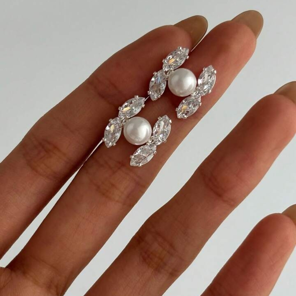 Silver Pearl Crystal C Clip Stud Earrings - Picture 3 of 3